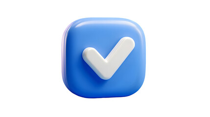 Modern 3D rendering of a blue square with a white check mark, perfect for user interface design, task management apps, or positive feedback visuals isolated on transparent background