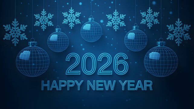 Festive Happy New Year 2026 typography with hanging ornaments and snowflakes on blue background, elegant winter holiday celebration design illustration