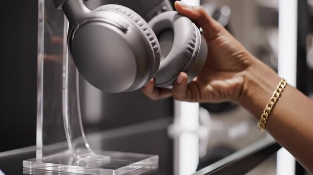 Person Reaches for Gray Headphones on Display in a Retail Store