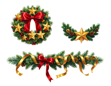 Two Christmas fir branch arrangements with golden stars and festive ribbon isolated on transparent background