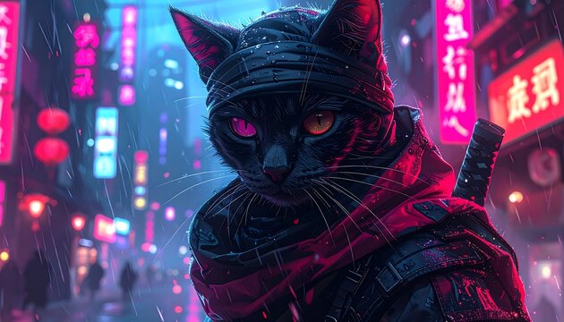 A feline ninja stands in a neon-lit urban environment. Rain falls. Intense gaze. Armor and head covering. Two-toned eyes