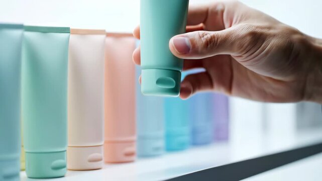 Hand Reaches for Pastel Colored Tubes of Lotion on White Shelf