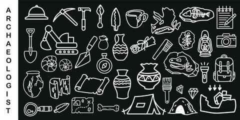Creative archaeologist doodle icon set featuring fossils, pottery, tools, bones, and excavation symbols. Perfect for education, history projects, museum posters, and adventure-themed designs. B and W.