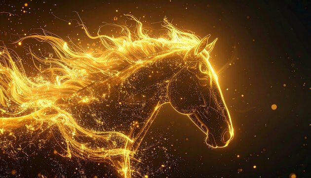 Luminous golden horse silhouette against a dark backdrop, appearing ethereal and filled with sparkling light particles