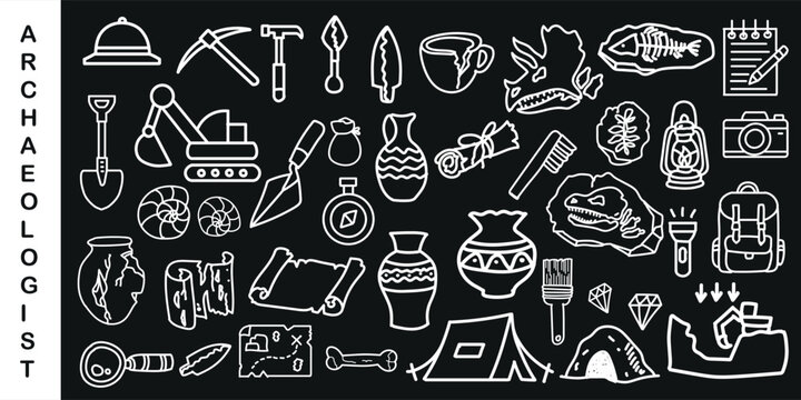 Creative archaeologist doodle icon set featuring fossils, pottery, tools, bones, and excavation symbols. Perfect for education, history projects, museum posters, and adventure-themed designs. B and W.