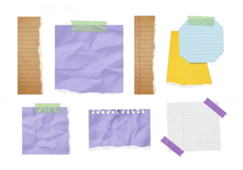 Collection of paper pieces isolated on transparent background