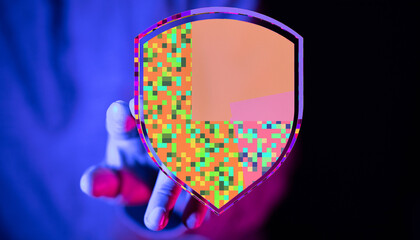 Abstract shield with a digital, pixelated design in hand, symbolizing data protection and security. Perfect for illustrations on priv