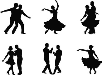 Black silhouettes of dancing couples in elegant poses, formal attire vector illustration showcasing rhythm, movement, coordination and expressive celebration