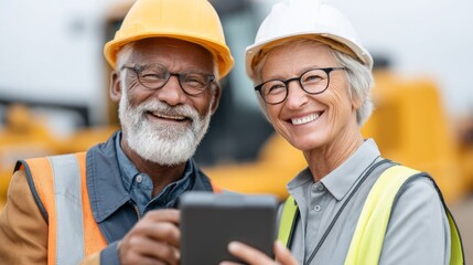 Two construction workers, one with glasses and a beard and the other with short hair, smile at the camera while looking at a tablet. The warm glow of golden hour enhances the scene