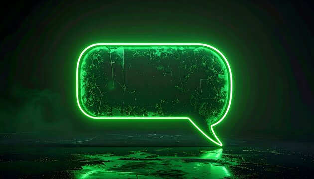 Luminous green speech bubble on a glossy, dark surface with textured interior, creating a bright communication symbol