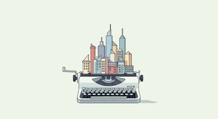 Obraz premium Typewriter with Cityscape Illustration on Light Background.