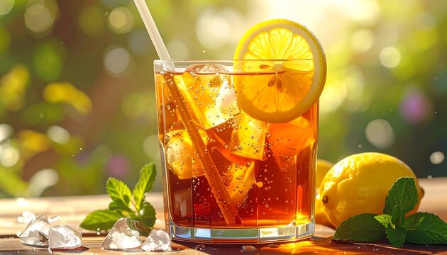 Iced tea drink on a wooden surface, garnished with lemon and mint, glistening in the sunlight against a blurred background