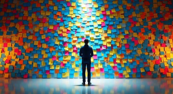 A man stands in front of a wall covered with sticky notes, symbolizing overwhelming tasks, information overload, or a complex problem to solve
