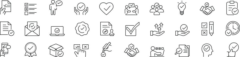 Editable line style checkmark icon set featuring check, accept, agree, selected, confirm, approve, correct, complete, checklist, and verified symbols. Clean modern vector illustration for apps, UI, an