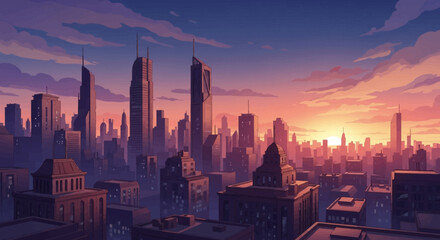 Vibrant Cityscape at Sunset with Towering Skyscrapers and Urban Architecture.