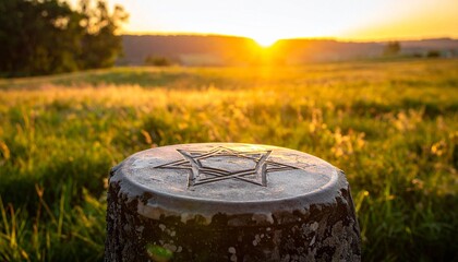 Symbol of faith on stone marker at sunset in open field near hills with glowing horizon