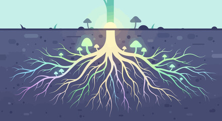 Vibrant glowing tree roots with mystical mushrooms underground.