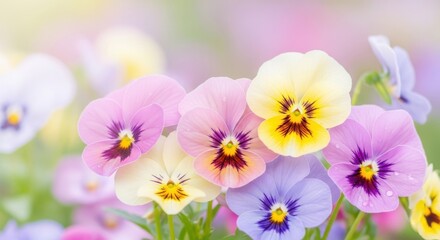Soft focus pastel pansies in a garden