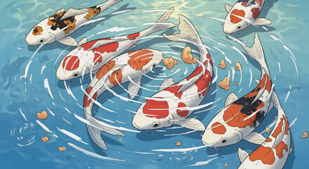 Vibrant Koi Fish Swimming Gracefully in Clear Blue Water.