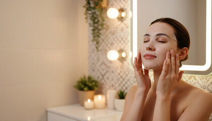 A woman is applying a face mask in a bathroom. The bathroom is well lit and has a few candles and potted plants. The woman is in a relaxed and pampering mood