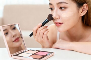 A woman is applying makeup on her face. She is using a brush to apply a light shade of foundation. Concept of a woman getting ready for a special occasion or event