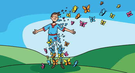 Man with open arms surrounded by colorful butterflies.