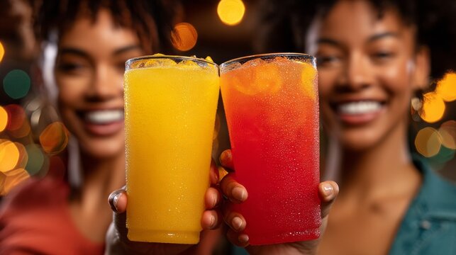 Two friends celebrate with vibrant cocktails in their hands, smiling broadly against a backdrop of soft, warm lights. The joyful atmosphere reflects their enjoyment and connection