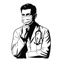 Obraz premium Thoughtful male doctor with mask and stethoscope, black and white