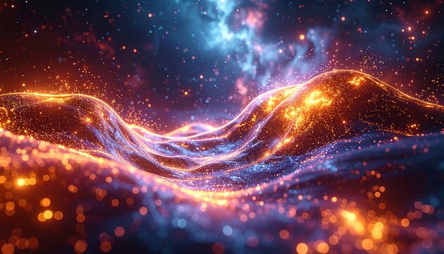 Luminous orange ripples across a deep blue field speckled with tiny lights, resembling a distant nebula or cosmic ocean