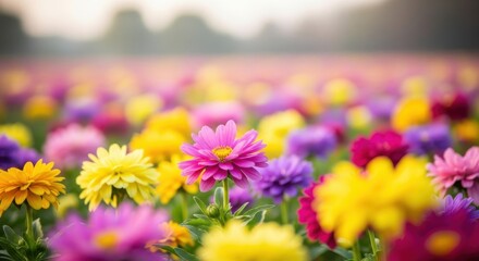 Vibrant field of colorful dahlias in soft sunlight