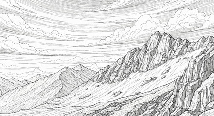 Majestic Mountain Range Sketch with Dramatic Peaks and Valleys.
