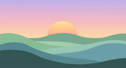 Minimalist Landscape with Rolling Hills and Sunset.