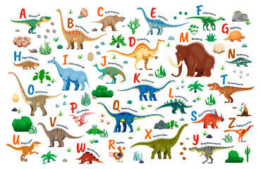 Kids dinosaurs alphabet from a to z featuring prehistoric creatures species and matching uppercase letters. Vector abc for education and early childhood learning with cartoon Jurassic reptile animals © Vector Tradition