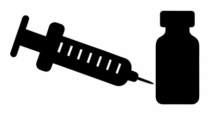 Black silhouette of a syringe with a needle and a vial on a white background for vaccination one hundred
