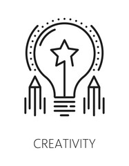 Kids creativity cognitive ability line icon or sign. Kid learning cognitive ability therapy lineart vector sign, memory training outline symbol. Child creativity skill icon with ideal light bulb