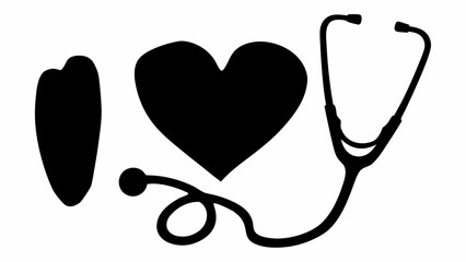 Silhouette of a kidney shape, a heart, and a stethoscope on a white background illustration