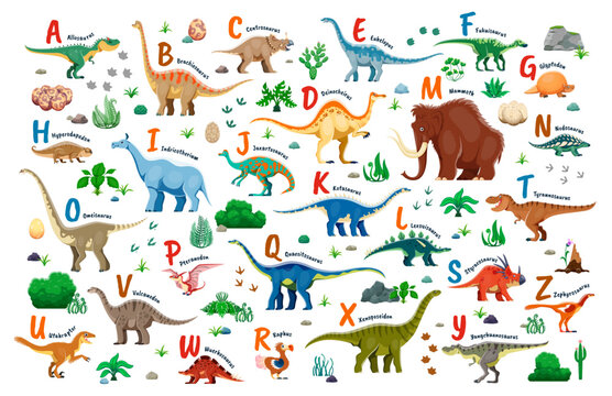 Kids dinosaurs alphabet from a to z featuring prehistoric creatures species and matching uppercase letters. Vector abc for education and early childhood learning with cartoon Jurassic reptile animals