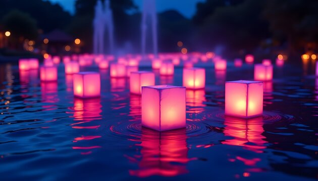 The floating cube lanterns gently bob atop the tranquil water, casting a soft, ethereal light that illuminates the surrounding area with a mesmerizing display of vibrant colors