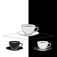 Three coffee cups in black and white geometric illustration  