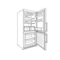 Refrigerator interior with open doors showing shelves and storage bins  