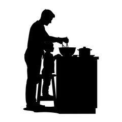 Man cooking with child at kitchen counter in silhouette style  
