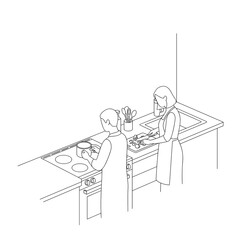 Two people cooking together in a modern kitchen  