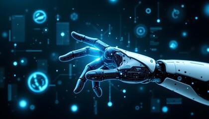 The sleek, metallic fingers of the robotic hand gracefully glide across the holographic display, effortlessly manipulating virtual tools with precision and efficiency