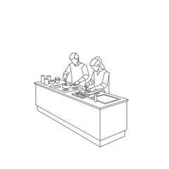 Two people cooking together in kitchen with minimalistic design  