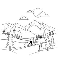 Cross-country skier gliding through snow-covered forest landscape  