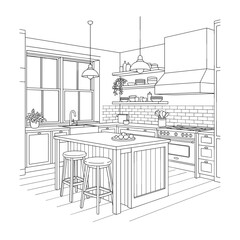 Cozy kitchen interior design in line art with modern features  
