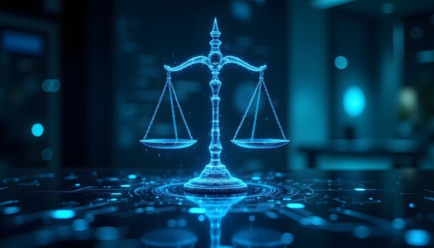 Imagine a futuristic digital interface displaying a sleek and modern justice scale, symbolizing the balance and fairness brought by digital law systems and regulations