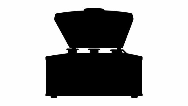 Silhouette of an open top chest freezer with visible hinges and a dark background on a white surface