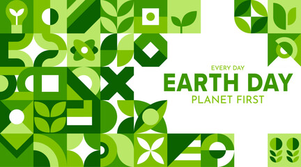 Earth day abstract geometric poster. Ecology environment green banner with nature patterns. Save our planet template with modern mosaic ornament. Vector cover or layout for April 22 celebration