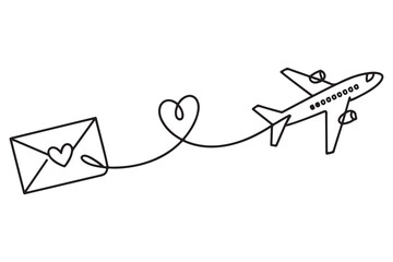 Continuous one line drawing of love letter and airplane illustration
